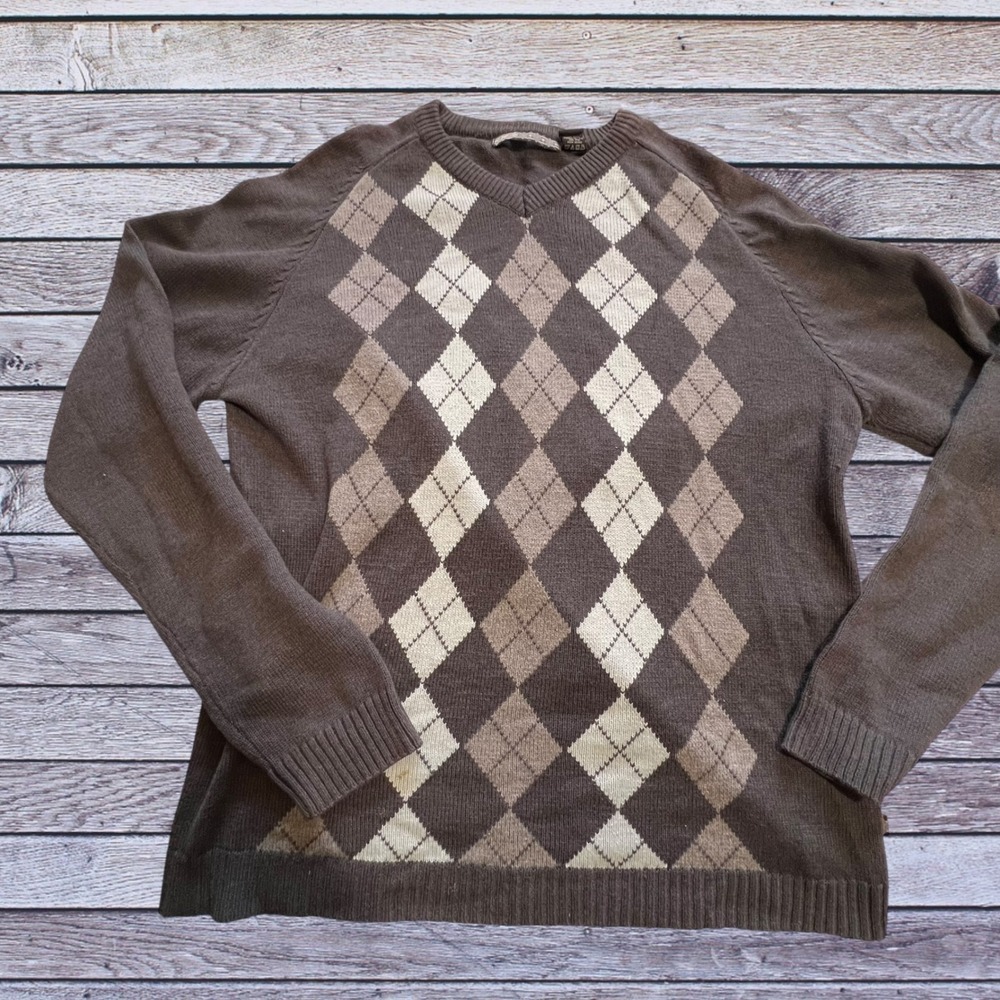X9 XL Argyle Sweater Men Brown Excellent‎ V-Neck Cotton Blend Preppy Knit